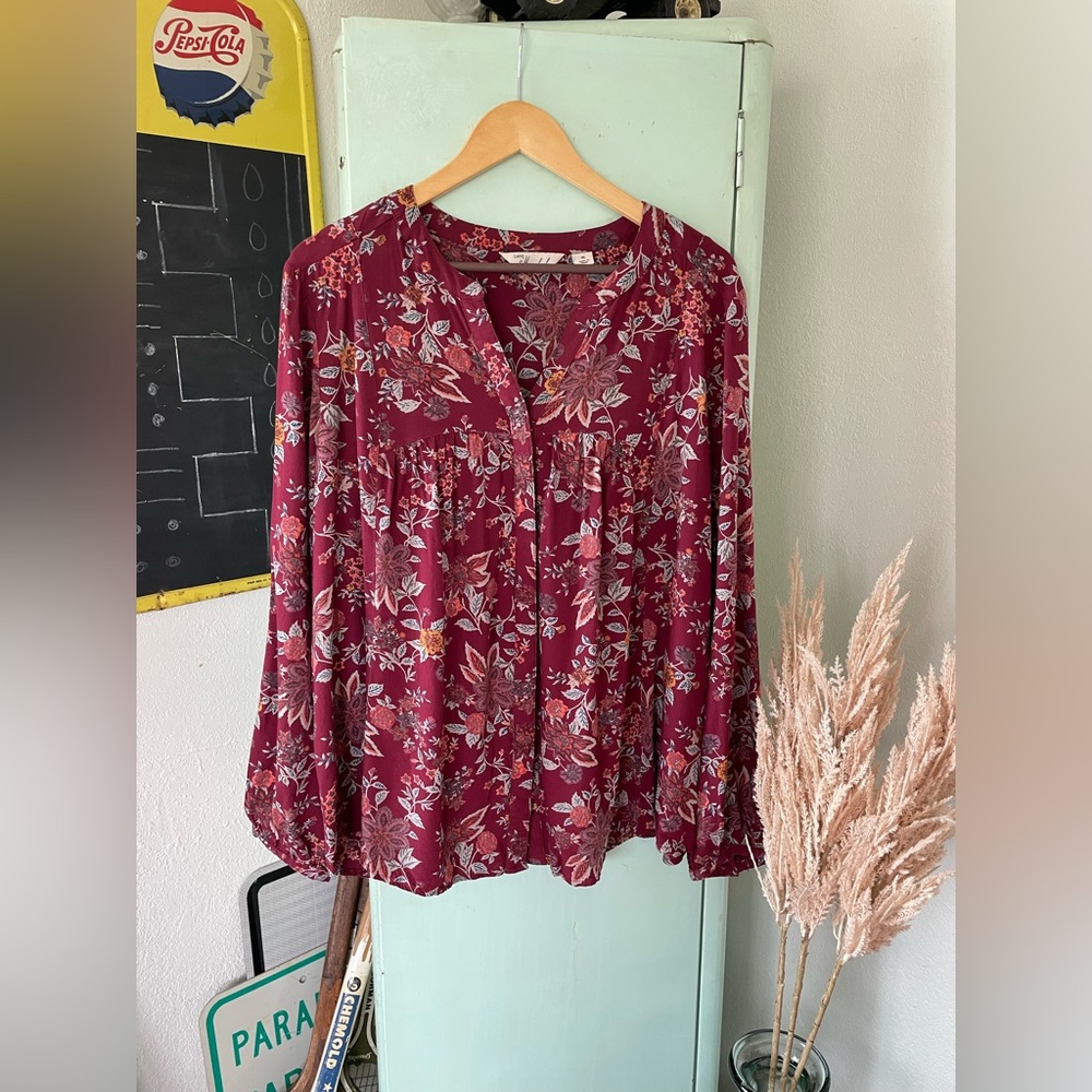 Caffe Marrakesh Blouse, Size XL, Burgundy Floral